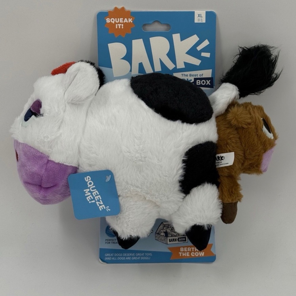 BARK Bertie the Cow Plush Squeaky Dog Toy - White & Black with Purple Face